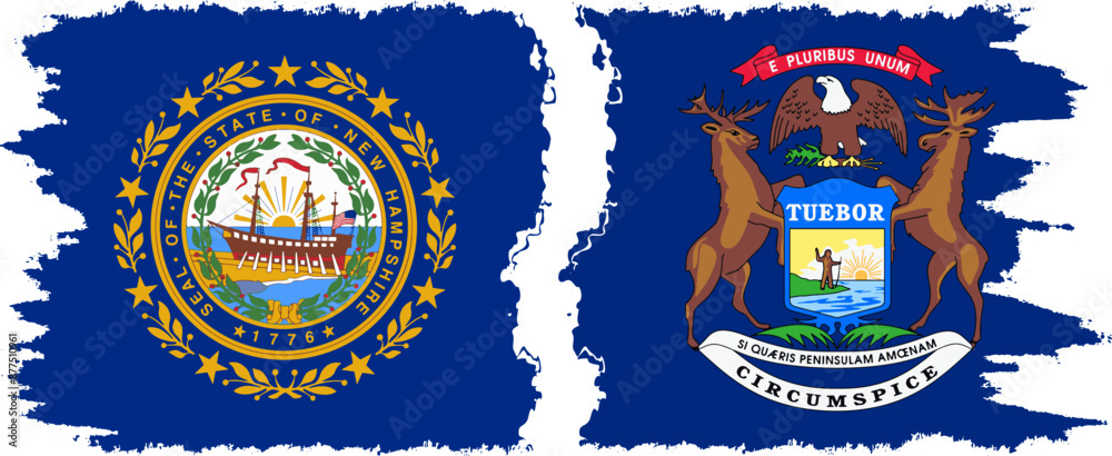 Michigan and New Hampshire states grunge brush flags connection vector Michigan and New Hampshire states grunge brush flags connection vector