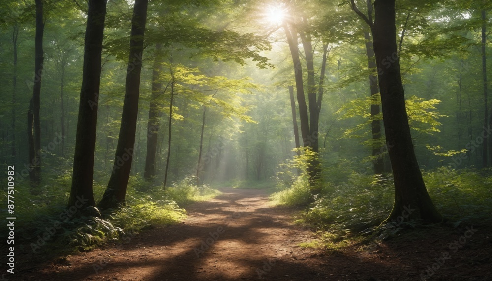Obraz premium A sunlit path through the early morning forest