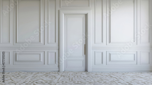 A pristine white door with intricate paneling stands in a luxurious room, basking in soft natural light streaming through high windows.