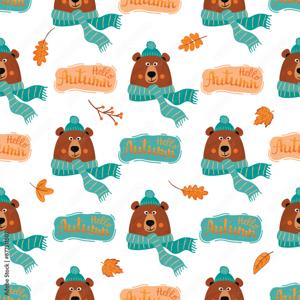 Obraz premium Autumnal seamless pattern with bear head in a scarf and cap.White background with cartoon wild animal character,fall leaves and hand lettering.Funny vector design for printing on fabric and paper.