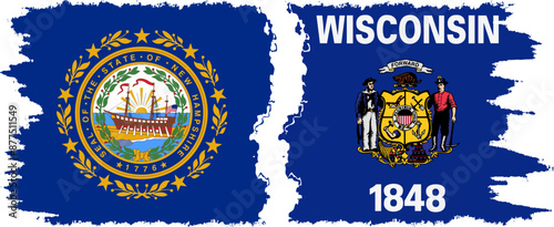 Wisconsin and New Hampshire states grunge brush flags connection vector