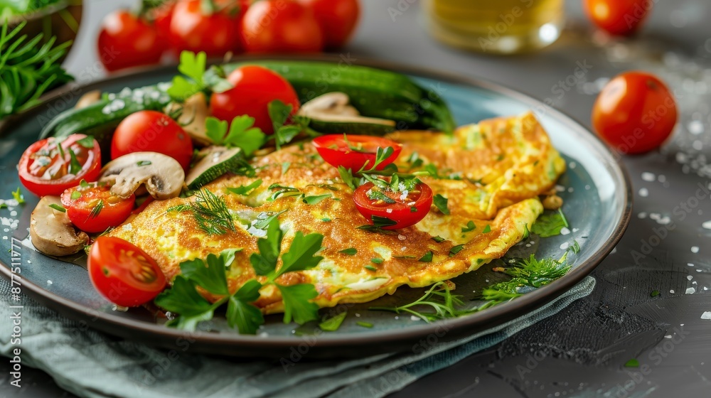 Omelette with cherry tomatoes, mushrooms, zucchini, parsley, and dill Omelette with cherry tomatoes, mushrooms, zucchini, parsley, and dill