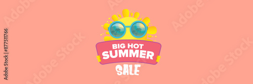 Summer Sale horizontal wide web banner. summer happy sun character holding sign or banner with special offer sale text isolated on soft pastel pink horizontal background. Summer sale