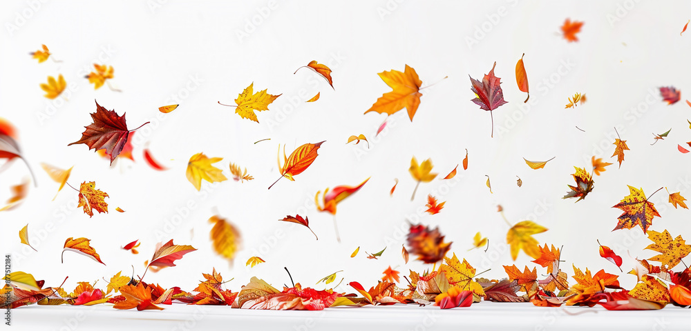 Falling colorful autumn leaves on a white plain background. Background with autumn leaves. Falling colorful autumn leaves on a white plain background. Background with autumn leaves.