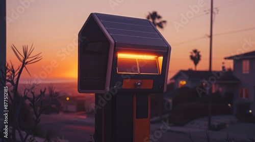 A solar-powered light glows at sunset in a residential neighborhood.