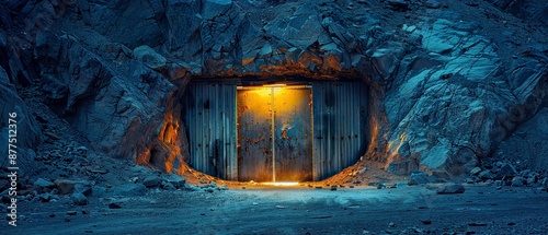 Mysterious Secret Bunker Entrance with Heavy Steel Doors in Mountain Glowing Under Soft Light