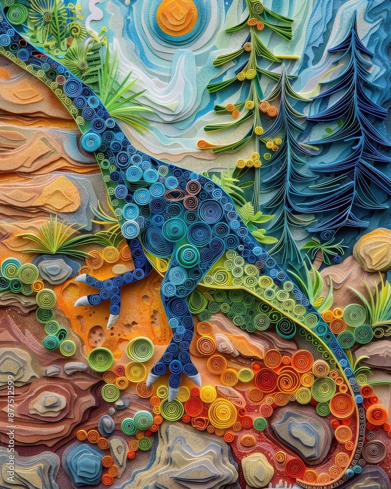 Naklejka premium Prehistoric Impressions: Dinosaur Footprint Mosaic in Rock, Paper Quilling Art Style