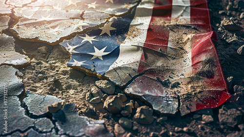 A fragmented American flag lies on cracked earth, indicating a poignant narrative of struggle and endurance in harsh conditions. photo