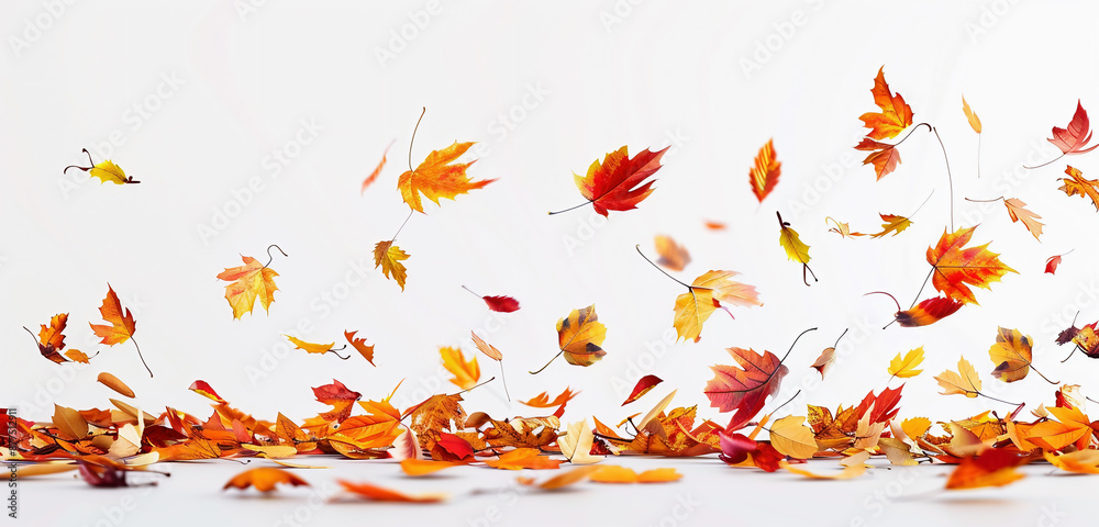 Obraz premium Falling colorful autumn leaves on a white plain background. Background with autumn leaves.