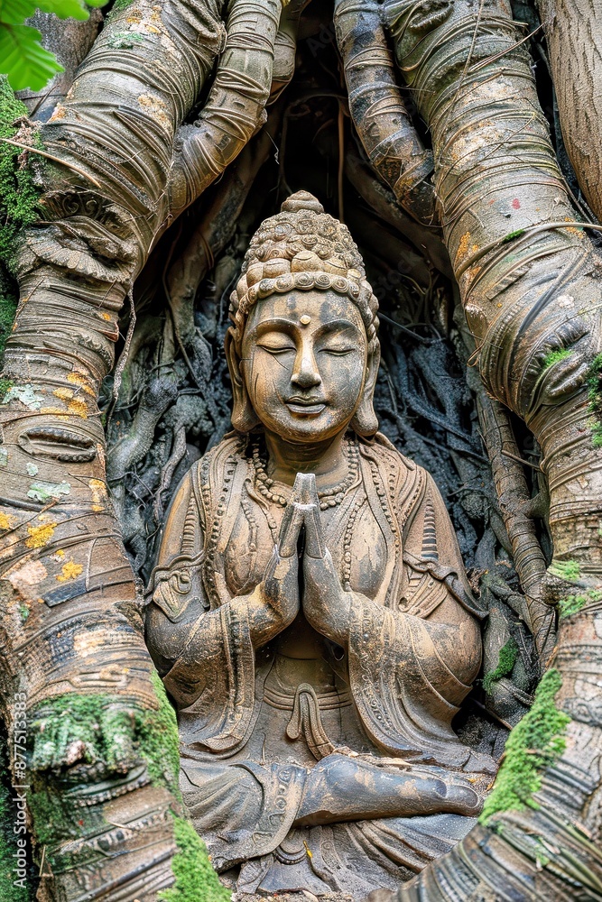 Serene Buddhist Mudra Hands in Ancient Sacred Grove Among Towering Trees - Detailed and Realistic Depiction of Tranquility