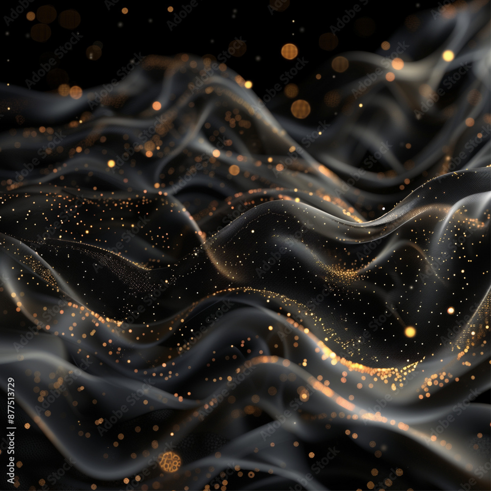 Brilliant golden light particles form gentle waves over a dark backdrop, creating a stunning visual with flow. Brilliant golden light particles form gentle waves over a dark backdrop, creating a stunning visual with flow.