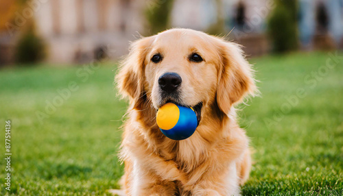 selective focus of golden retriever dog playing with rubber ball on green lawn