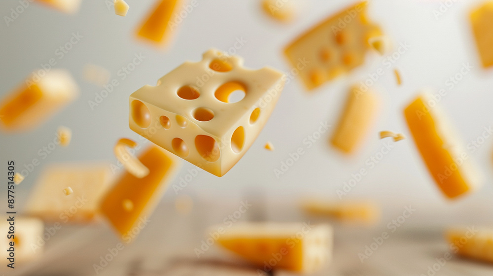 A close up of a piece of cheese with holes in it A close up of a piece of cheese with holes in it