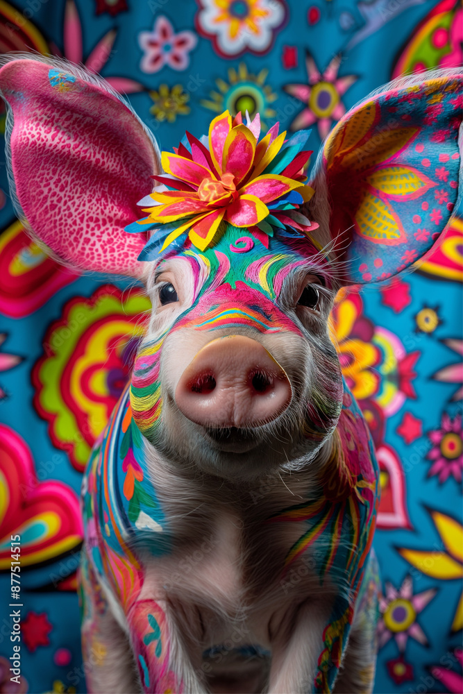 Obraz premium A joyful and vibrant pig decorated with colorful floral patterns, standing against a lively, patterned background.