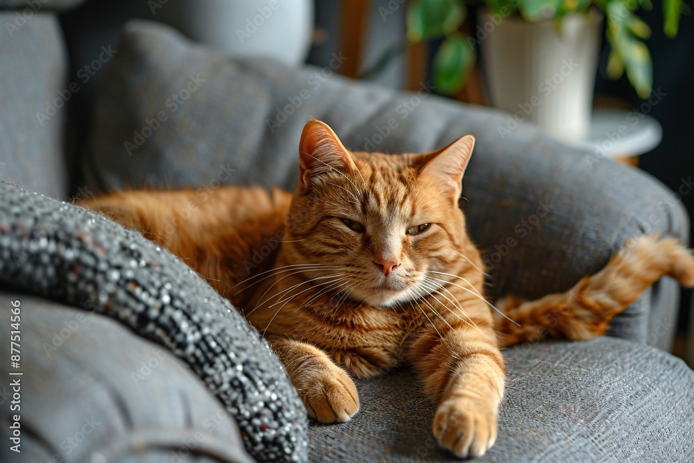 Obraz premium Relaxed Ginger Cat Lounging on a Cozy Grey Sofa
