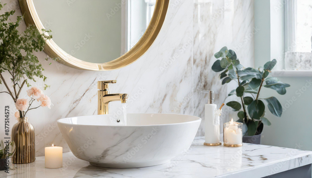 Sink detail shot in a luxury kitchen with herringbone backsplash tiles white marble countertop and gold faucet. Copyspace image. Header for website template Sink detail shot in a luxury kitchen with herringbone backsplash tiles white marble countertop and gold faucet. Copyspace image. Header for website template