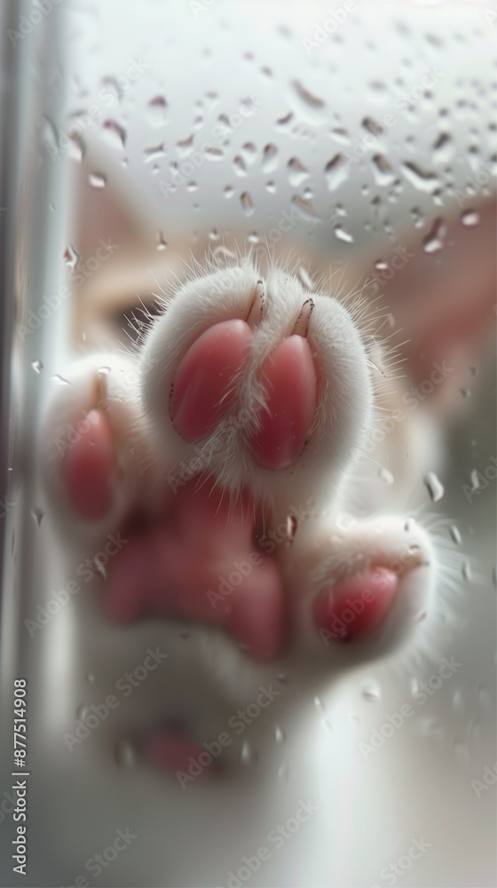 Fototapeta premium A close-up shot of a cat's paw pressed against a rain-streaked window, capturing a moment of curiosity and contemplation.