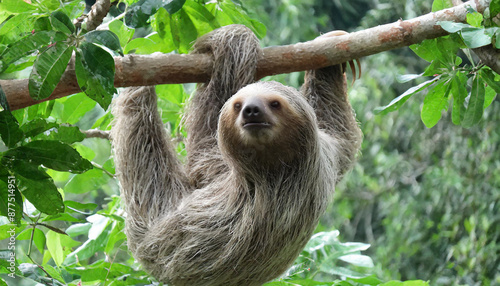 Funny sloth hanging on tree branch, cute face look, perfect portrait of wild animal in the Rainforest of Costa Rica scratching the belly, Bradypus variegatus, brown-throated three-toed sloth, relaxed