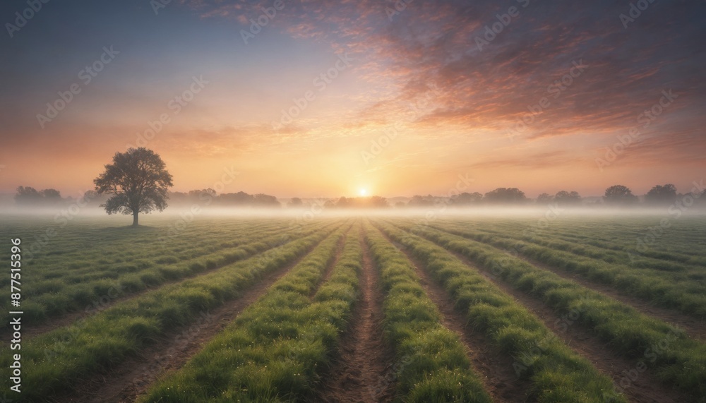 A solitary tree stands guard in the mist as the sun rises over a field of green A solitary tree stands guard in the mist as the sun rises over a field of green