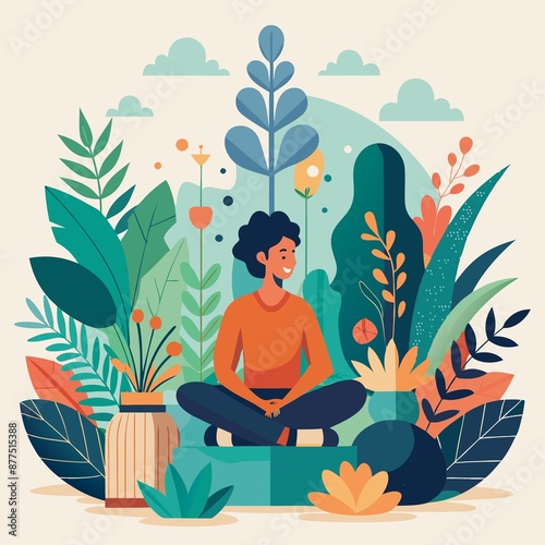 lone figure sits in quiet space, surrounded by plants and natural elements, exuding sense of bohemian refinement and serenity., natural, earthy, white background, bohemian