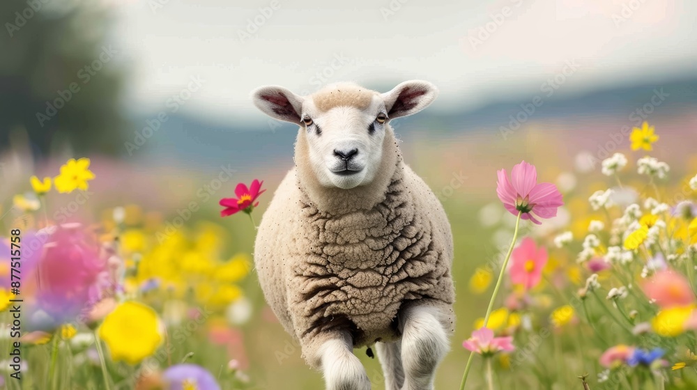 Fototapeta premium A lively and detailed image of a black sheep running through a vibrant wildflower field, focus cover all object