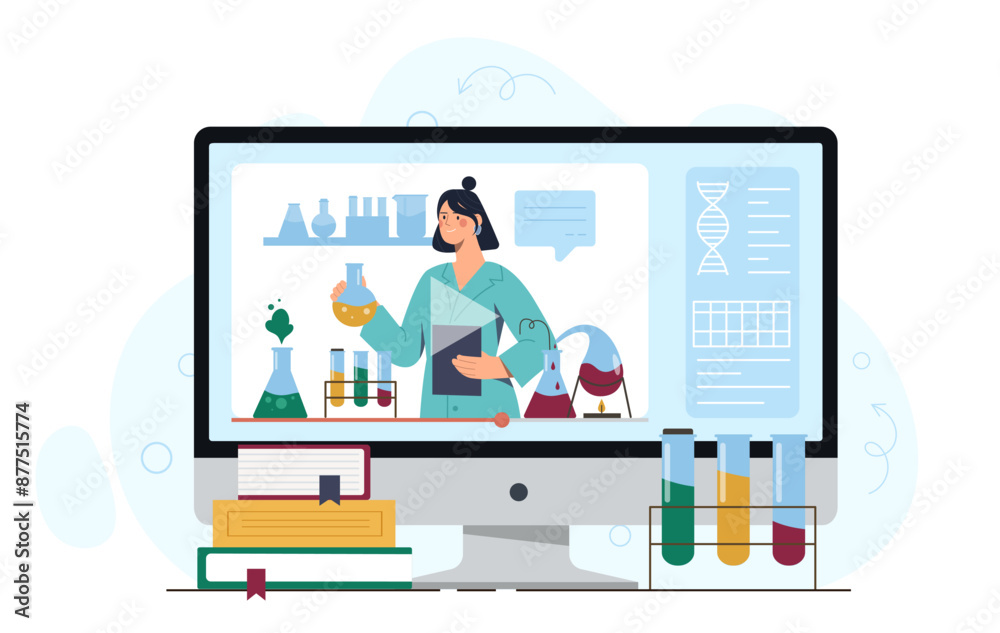 Science video lesson. Computer screen with teacher leading lecture on chemistry or biology. Education and learning on internet. Online course at university. Cartoon vector illustration Science video lesson. Computer screen with teacher leading lecture on chemistry or biology. Education and learning on internet. Online course at university. Cartoon vector illustration