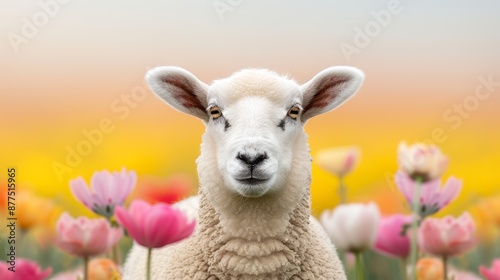 A lively and detailed photo of a white sheep in a vibrant, colorful springtime field, focus cover all object