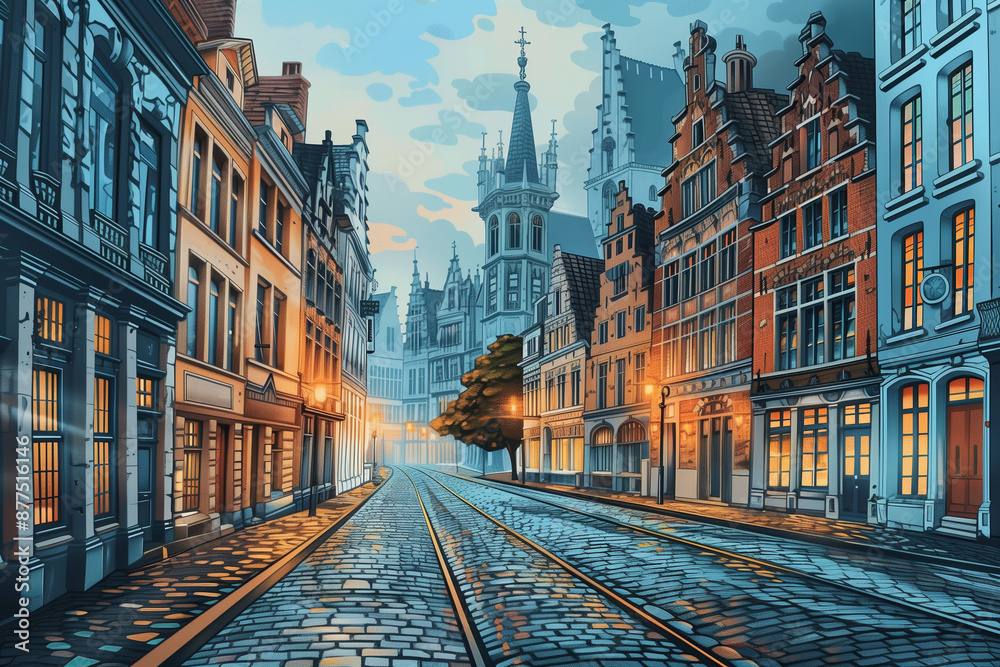 Fototapeta premium Illustration of a street in the city similar to Antwerp.