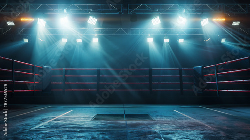 An empty boxing ring stands under bright stadium lights, casting dramatic shadows onto the polished floor in an anticipation-filled arena. photo