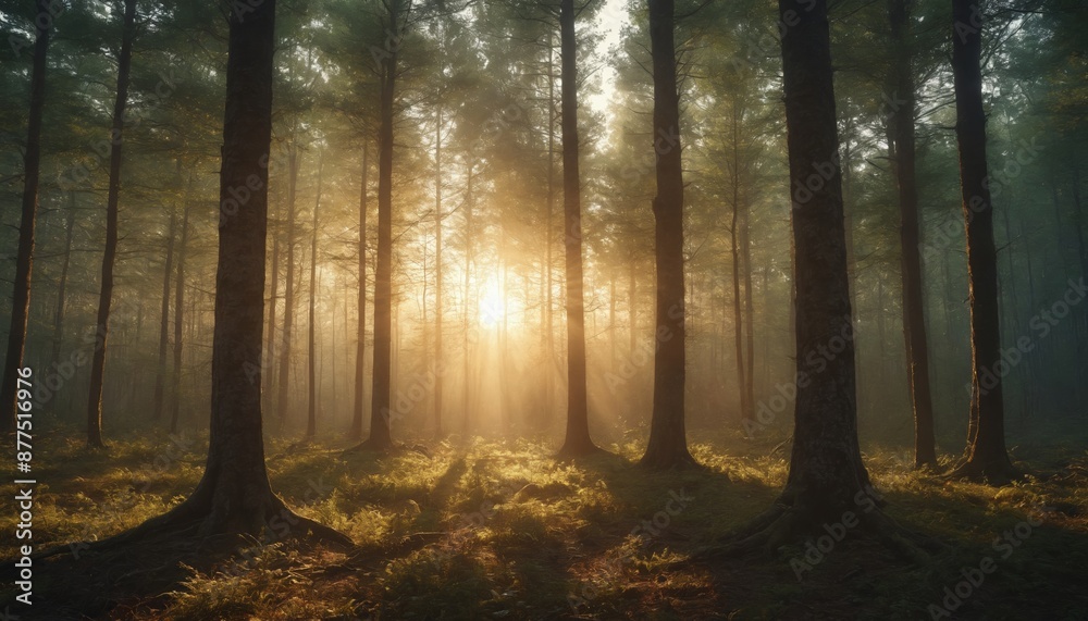 Fototapeta premium A golden dawn illuminates a misty forest