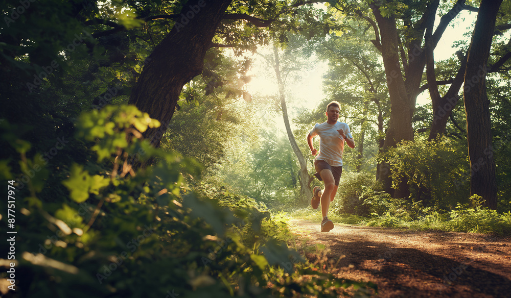 A man running on a forest trail surrounded by lush green trees. The sunlight filters through the leaves, creating a peaceful and invigorating atmosphere, capturing the essence of nature and fitness. A man running on a forest trail surrounded by lush green trees. The sunlight filters through the leaves, creating a peaceful and invigorating atmosphere, capturing the essence of nature and fitness.