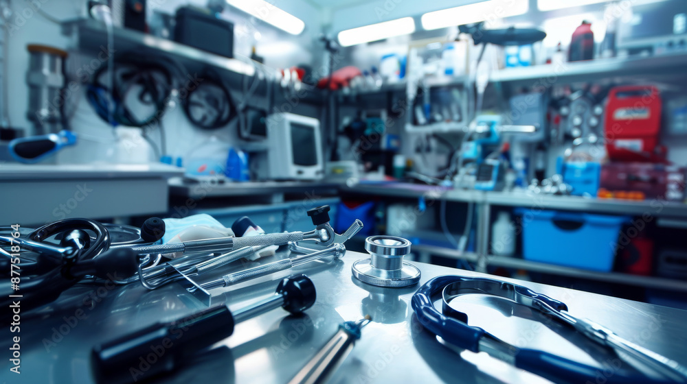 A cluttered medical laboratory workspace filled with various tools and equipment, indicating a busy environment of research and discovery. A cluttered medical laboratory workspace filled with various tools and equipment, indicating a busy environment of research and discovery.