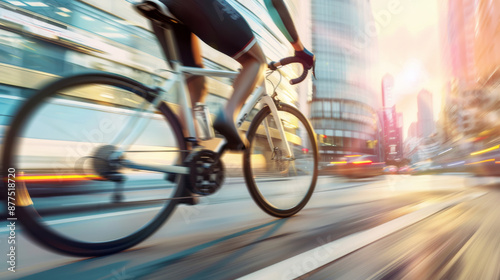 Wallpaper Mural A cyclist rides through a bustling city street in the glowing light of dawn, showcasing the merging of fitness and city life. Torontodigital.ca