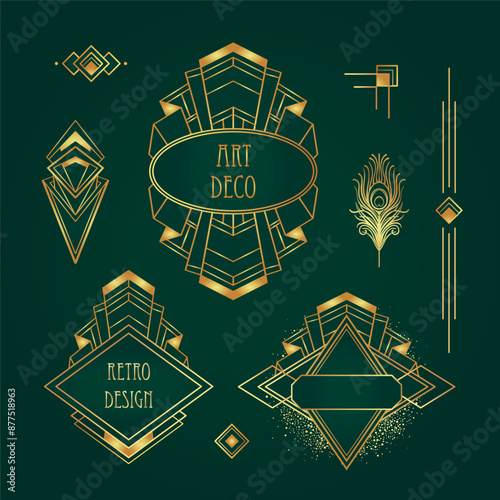 Art Deco vintage gold patterns over dark green, frames and design elements. Retro party geometric background set,1920s style. Vector illustration for glamour party, thematic wedding or textile prints.
