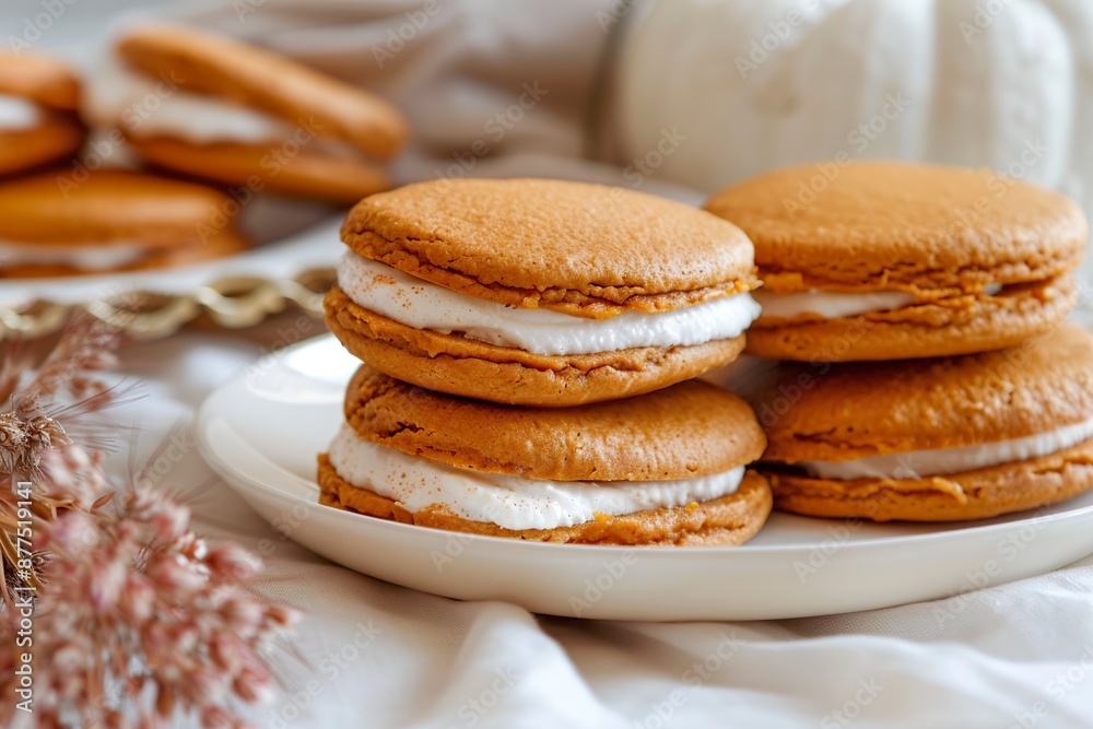 Close-up pumpkin whoopie pies of two layers of soft pumpkin cake, filled with a smooth, spicy cream. Pumpkin pie with a moist texture and creamy filling.