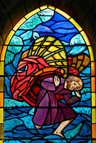 Scene from the Bible: Jonah emerges from the bowels of the big fish (whale). Scène de la bible : Jonas sort des entrailles du gros poisson (de la baleine). 