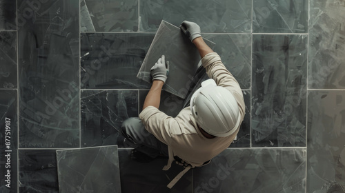 Overhead view of a worker, wearing gloves and a hard hat, methodically placing large tiles on a dark, patterned floor. © VK Studio