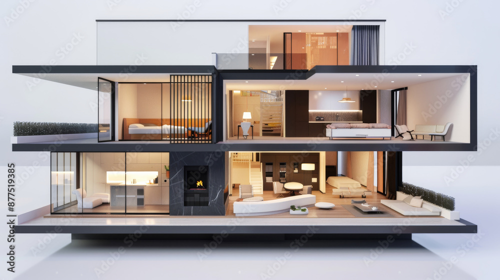 Sleek, multi-level modern house model with open-plan interior, showcasing spacious rooms, cozy lighting, and a seamless indoor-outdoor flow. Sleek, multi-level modern house model with open-plan interior, showcasing spacious rooms, cozy lighting, and a seamless indoor-outdoor flow.