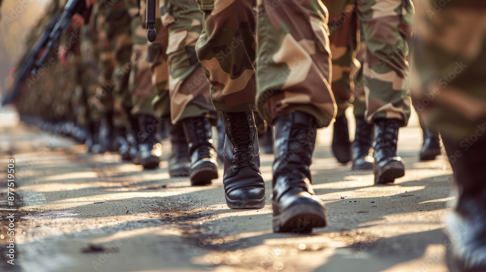 Soldiers in camouflage uniforms and sturdy black boots marching in an orderly formation on a paved road during daylight. Soldiers in camouflage uniforms and sturdy black boots marching in an orderly formation on a paved road during daylight.