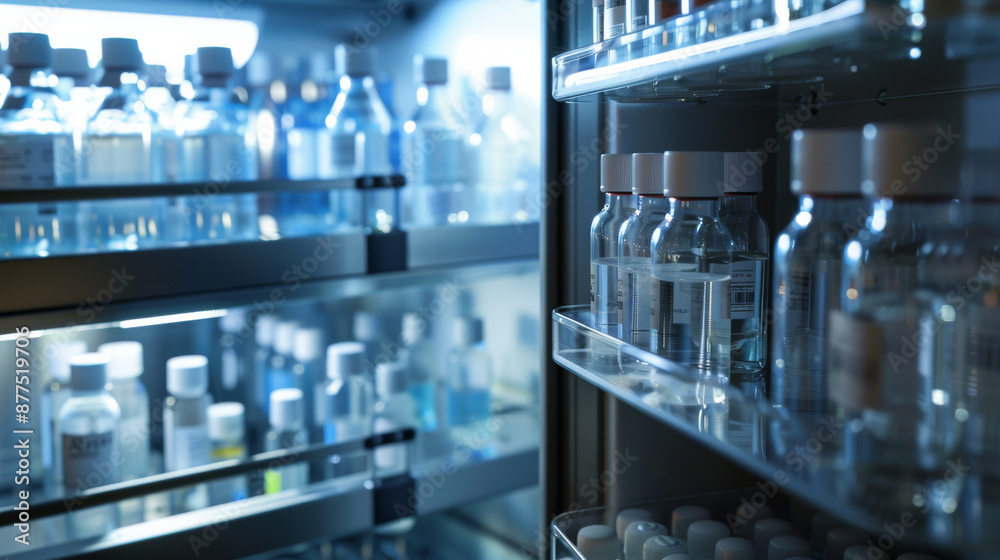 Shelves of assorted vials and bottles, neatly organized in a well-lit laboratory fridge, symbolize precision and scientific meticulousness in clinical environments. Shelves of assorted vials and bottles, neatly organized in a well-lit laboratory fridge, symbolize precision and scientific meticulousness in clinical environments.