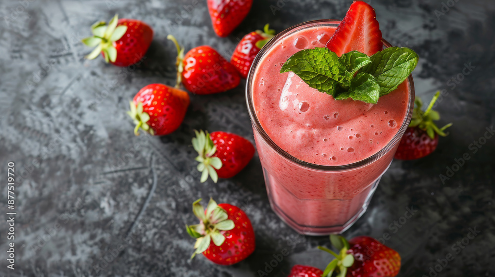 A refreshing strawberry smoothie garnished with mint sits on a textured dark background, surrounded by fresh strawberries, inviting indulgence. A refreshing strawberry smoothie garnished with mint sits on a textured dark background, surrounded by fresh strawberries, inviting indulgence.