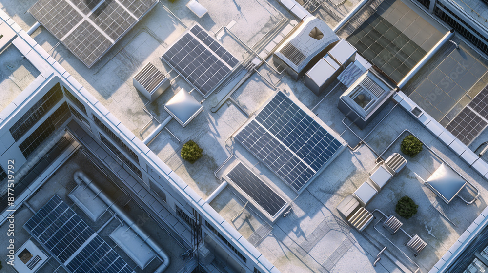 Bird's-eye view of the roof of a commercial building Bird's-eye view of the roof of a commercial building