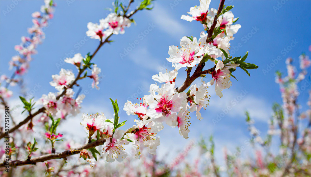 a branch of a cherry tree with pink flowers in the foreground, and a blue sky in the background, with only a few clouds in the foreground. a branch of a cherry tree with pink flowers in the foreground, and a blue sky in the background, with only a few clouds in the foreground.