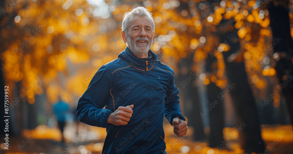 Obraz premium An elderly man with white hair and a beard is jogging in a park during autumn. He is wearing a blue jacket, and the background is filled with golden autumn leaves, creating a warm and lively atmospher
