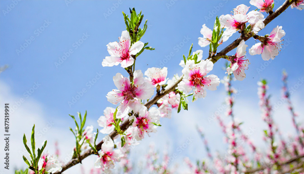 a branch of a cherry tree with pink flowers in the foreground, and a blue sky in the background, with only a few clouds in the foreground. a branch of a cherry tree with pink flowers in the foreground, and a blue sky in the background, with only a few clouds in the foreground.