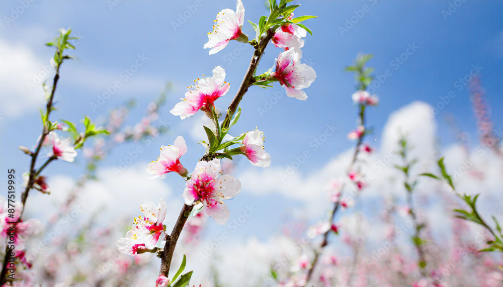 a branch of a cherry tree with pink flowers in the foreground, and a blue sky in the background, with only a few clouds in the foreground. a branch of a cherry tree with pink flowers in the foreground, and a blue sky in the background, with only a few clouds in the foreground.