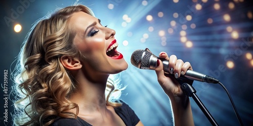 Professional Female Singer Performing to Microphone on Stage photo