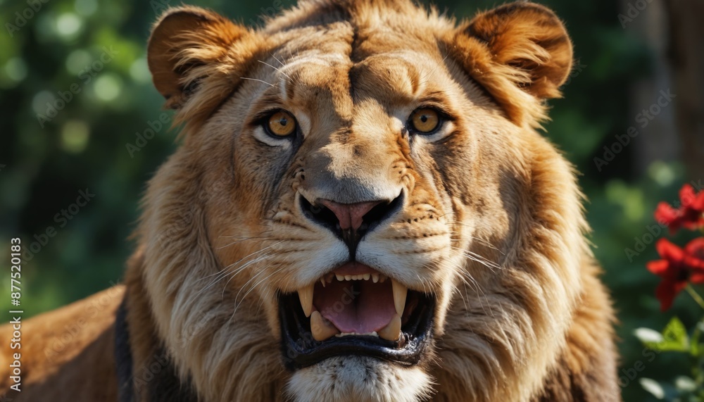 A close-up portrait of a lioness roaring in the sun A close-up portrait of a lioness roaring in the sun