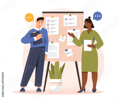 Successful completion of tasks. Man and woman near scrum board. Business tasks and goals. Time management and efficient workflow. Collaboration and cooperation. Cartoon vector illustration
