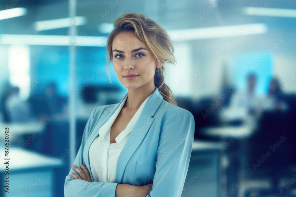 Fototapeta premium A woman in a blue suit stands in front of a window with her arms crossed